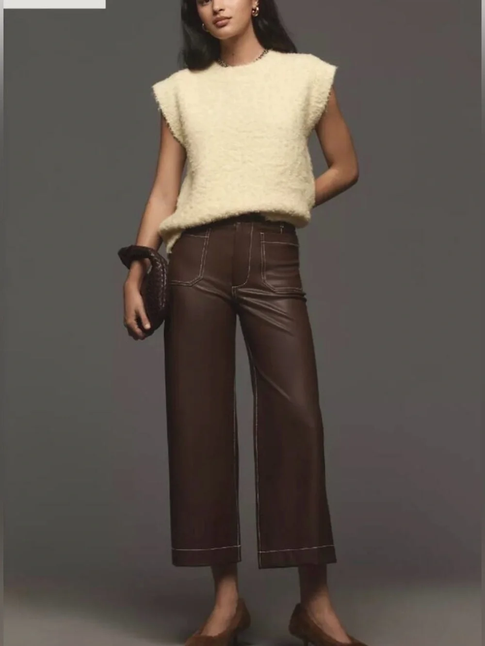 Colette Crop Wide-Leg Faux Leather Pants in Chocolate